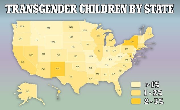 La carte ci-dessus montre la proportion d'enfants âgés de 13 à 17 ans identifiés comme transgenres par État, les couleurs plus foncées indiquant une proportion plus élevée de jeunes.