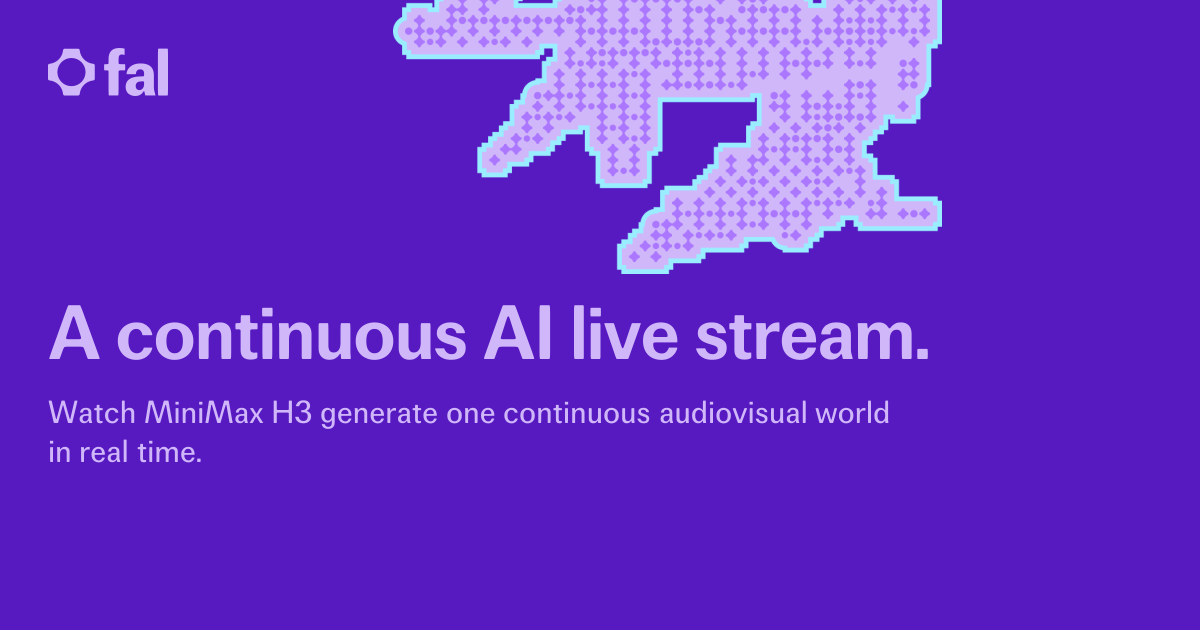 Visuel officiel de fal.live annonçant un flux audiovisuel continu généré par IA. Document de présentation du service.