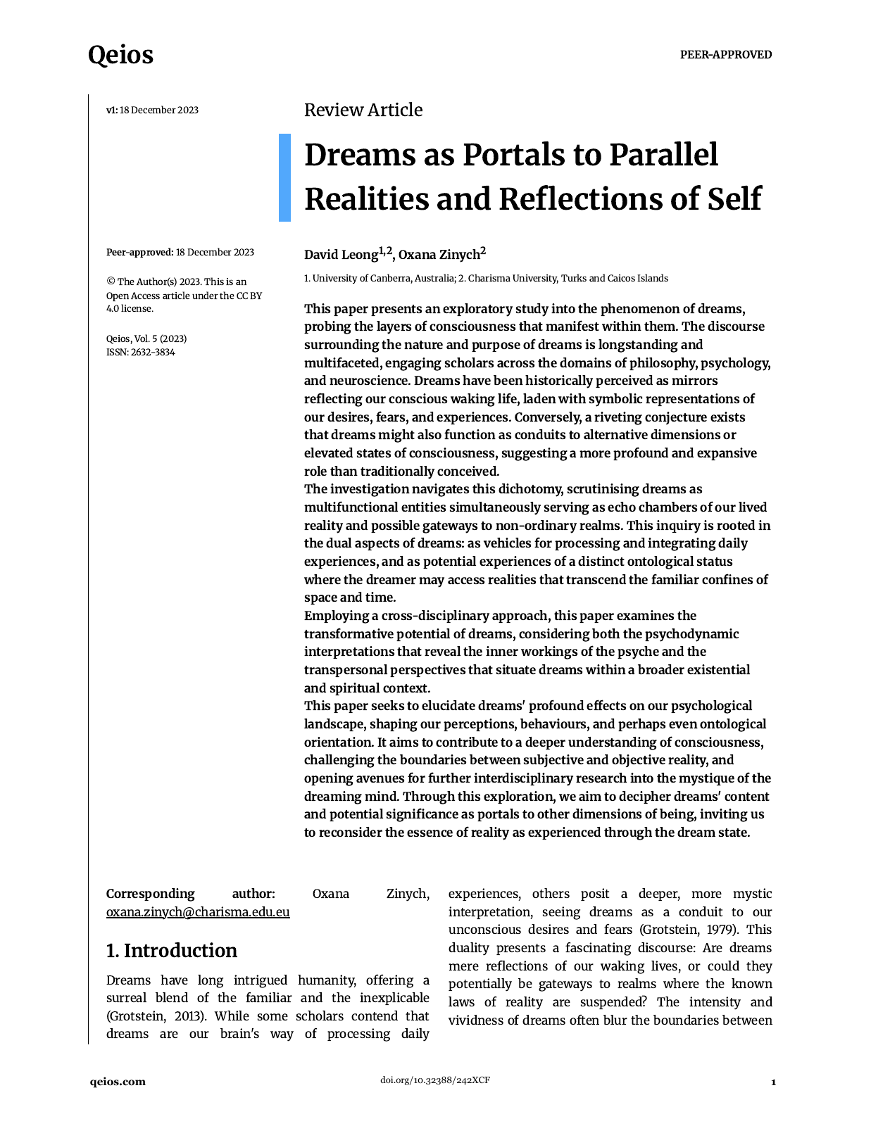 Première page de l’article conceptuel Dreams as Portals to Parallel Realities and Reflections of Self, version du 18 décembre 2023, portant la mention « Peer-approved ». Ce statut éditorial ne transforme pas son hypothèse en observation expérimentale.