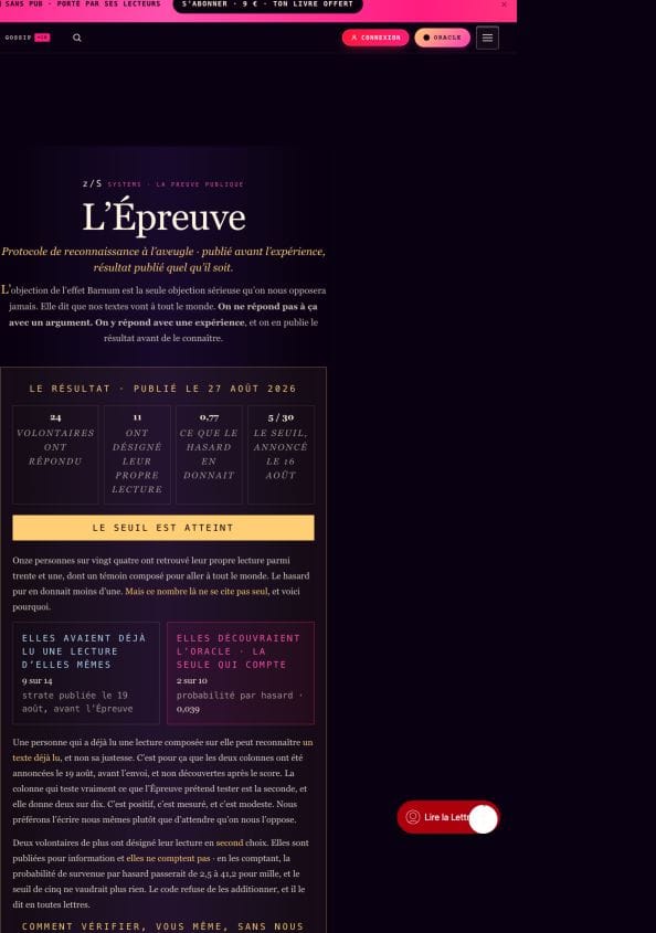La page de l’Épreuve sépare le résultat global des deux groupes. Dix participantes découvraient l’Oracle ; deux ont reconnu leur lecture. Capture documentaire, distincte de l’illustration de une.
