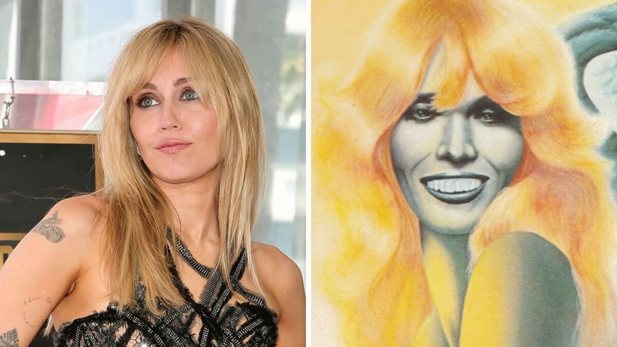 Montage de Miley Cyrus et de la pochette illustrée d'Amanda Lear de 1978