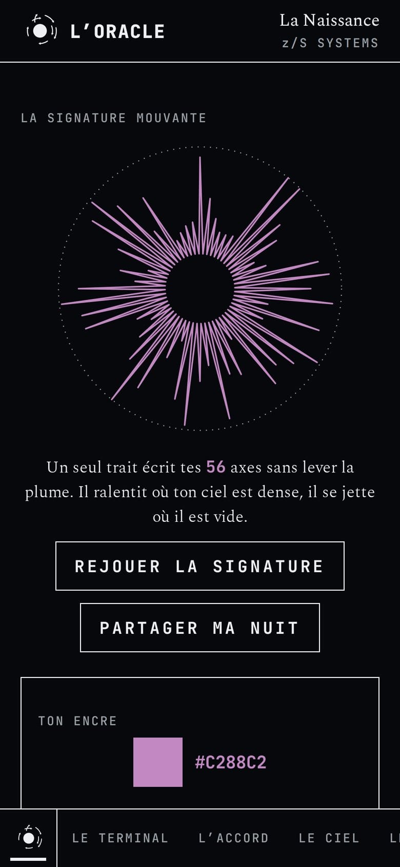 La Naissance · la signature mouvante de 56 axes, et l’encre calculée de la nuit