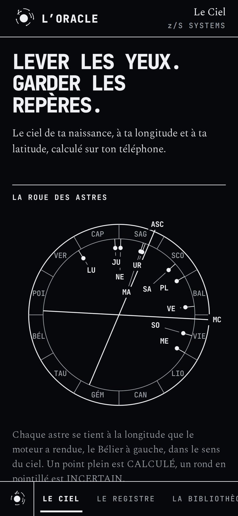 Le Ciel · la roue des astres à la longitude rendue par le moteur