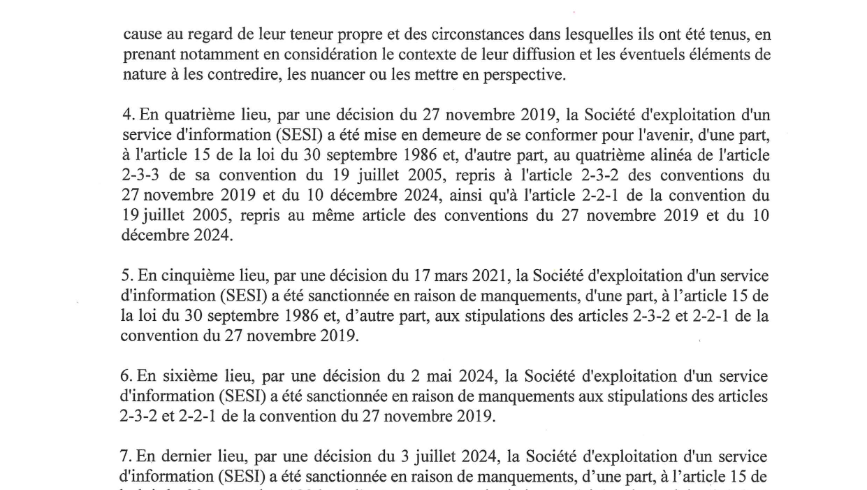 Extrait de la page 4 de la décision Arcom, quatre paragraphes numérotés 4 à 7 commençant chacun par la Société d'exploitation d'un service d'information