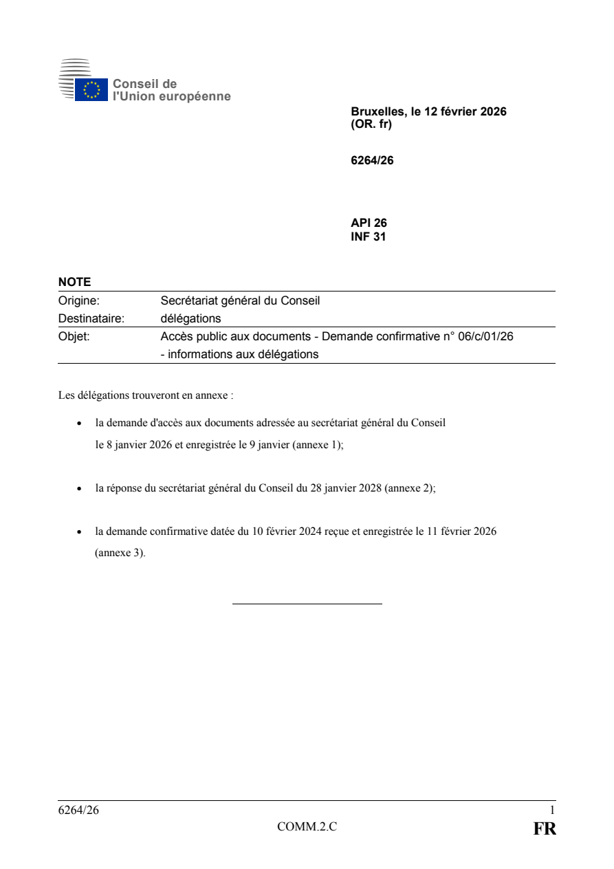 Note du Conseil du 12 février 2026 sur une demande d’accès aux documents. Le dossier retrace la démarche de la RTS pour consulter les pièces de la désignation.