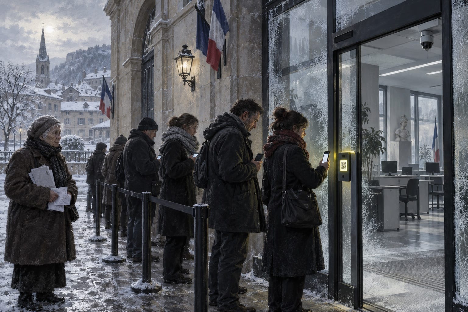 Illustration fictive : dans une ville française enneigée, une file attend devant un contrôle numérique ; une personne tient des documents papier.