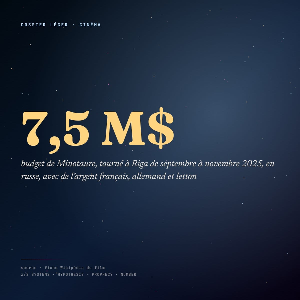 Budget de Minotaure, 7,5 millions de dollars