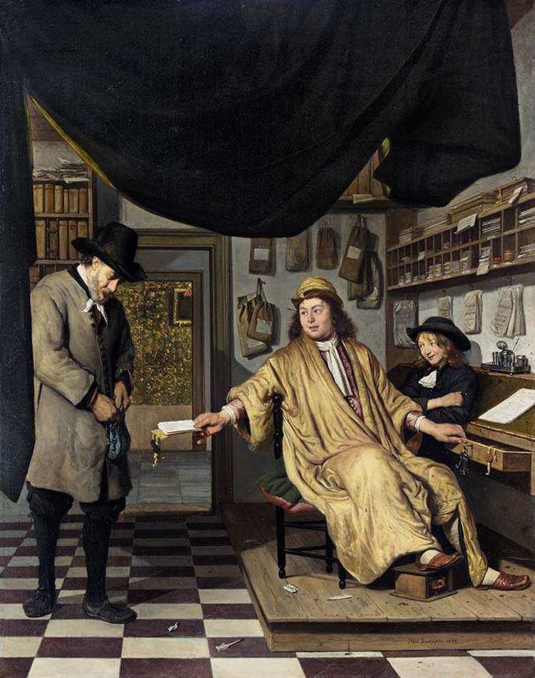 Jan Berckheyde, Un notaire dans son bureau,1672. Reproduction d’une œuvre ancienne utilisée comme illustration artistique de la transmission.