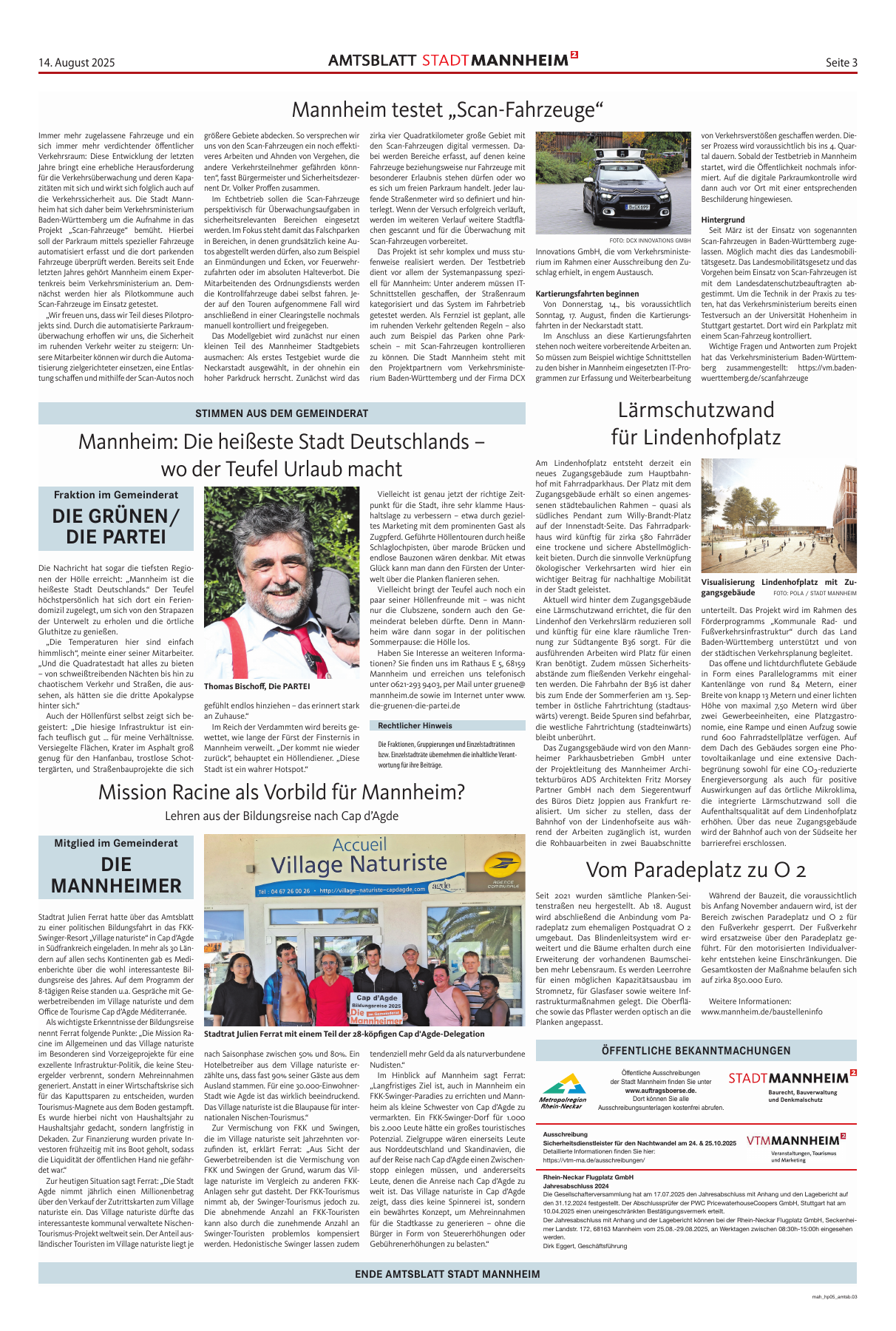 Le bulletin municipal du 14 août 2025, page 3, publie le projet inspiré du Cap d’Agde et une photographie de la délégation. Une tribune d’élu, pas une décision adoptée par le conseil.