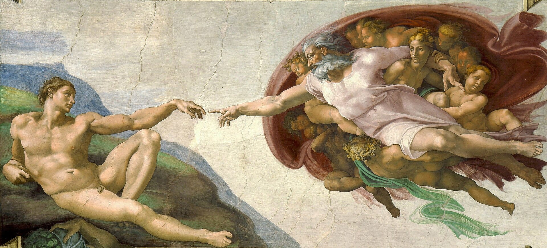 Michel-Ange, La Création d’Adam, plafond de la chapelle Sixtine, vers 1511. Reproduction d’une œuvre religieuse ; ses interprétations symboliques ne constituent pas des résultats de physique quantique.