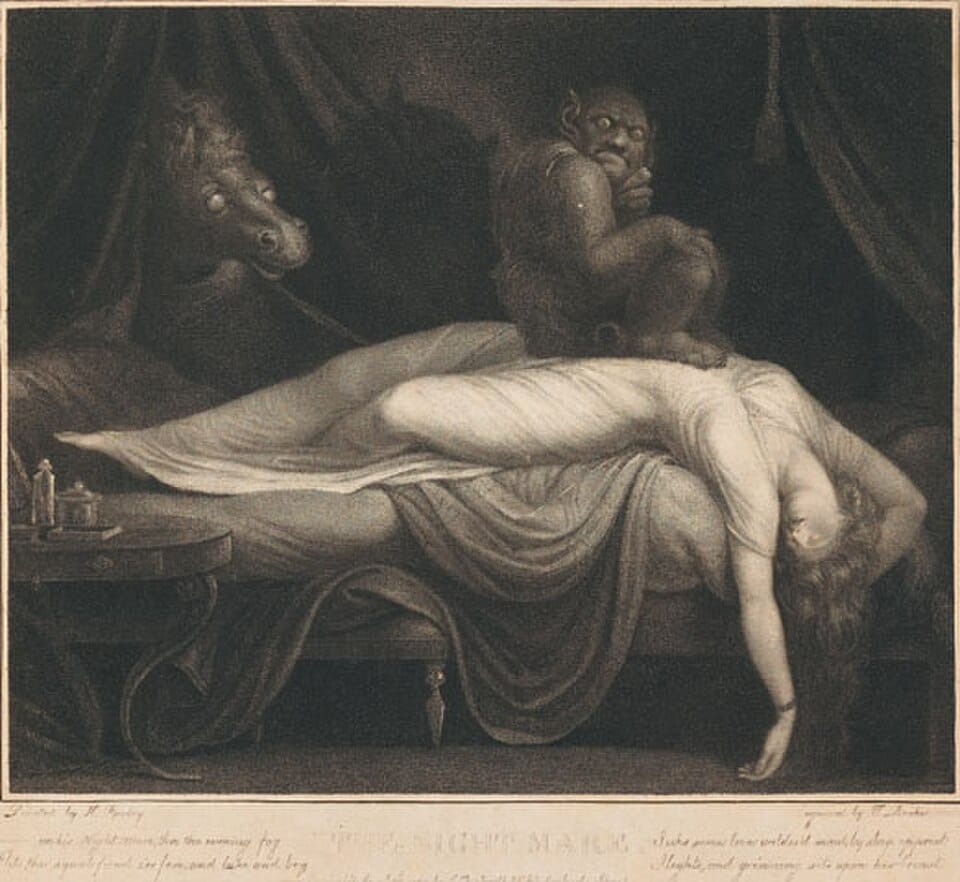 Thomas Burke, gravure d’après Le Cauchemar de Johann Heinrich Füssli (tableau de 1781). Représentation artistique du cauchemar, pas observation scientifique ni preuve d’une sortie du corps.