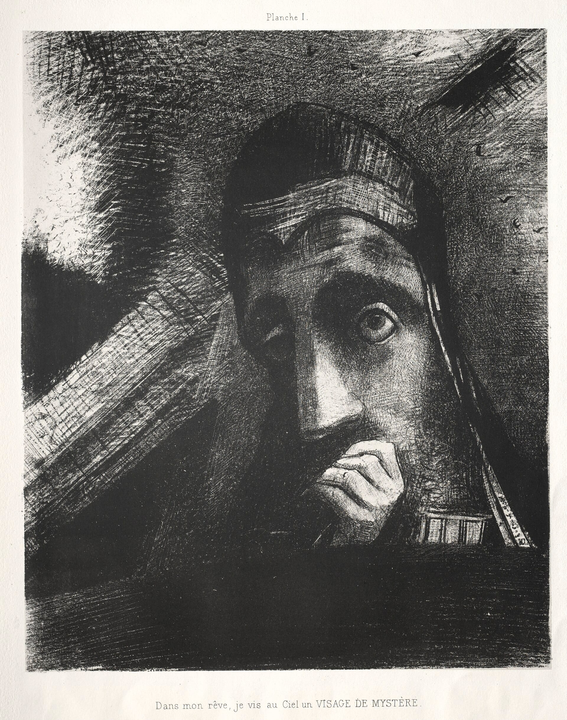 Odilon Redon, Dans mon rêve je vis dans le ciel un visage mystérieux, planche de l’Hommage à Goya,1885. Œuvre conservée au Cleveland Museum of Art. Le rêve est ici un sujet artistique, pas une preuve cosmologique.