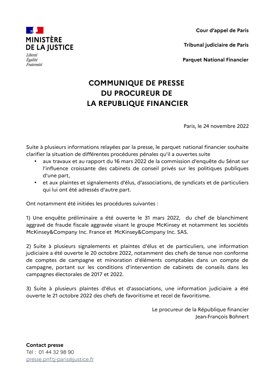 Daté du 24 novembre 2022, ce communiqué sépare les 3 procédures. Il précède de près de 4 ans la saisie annoncée en septembre 2026.