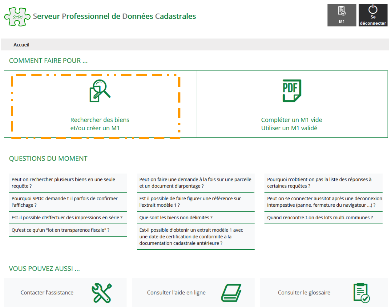 Interface publique de démonstration du SPDC : rechercher des biens et créer un modèle 1 cadastral