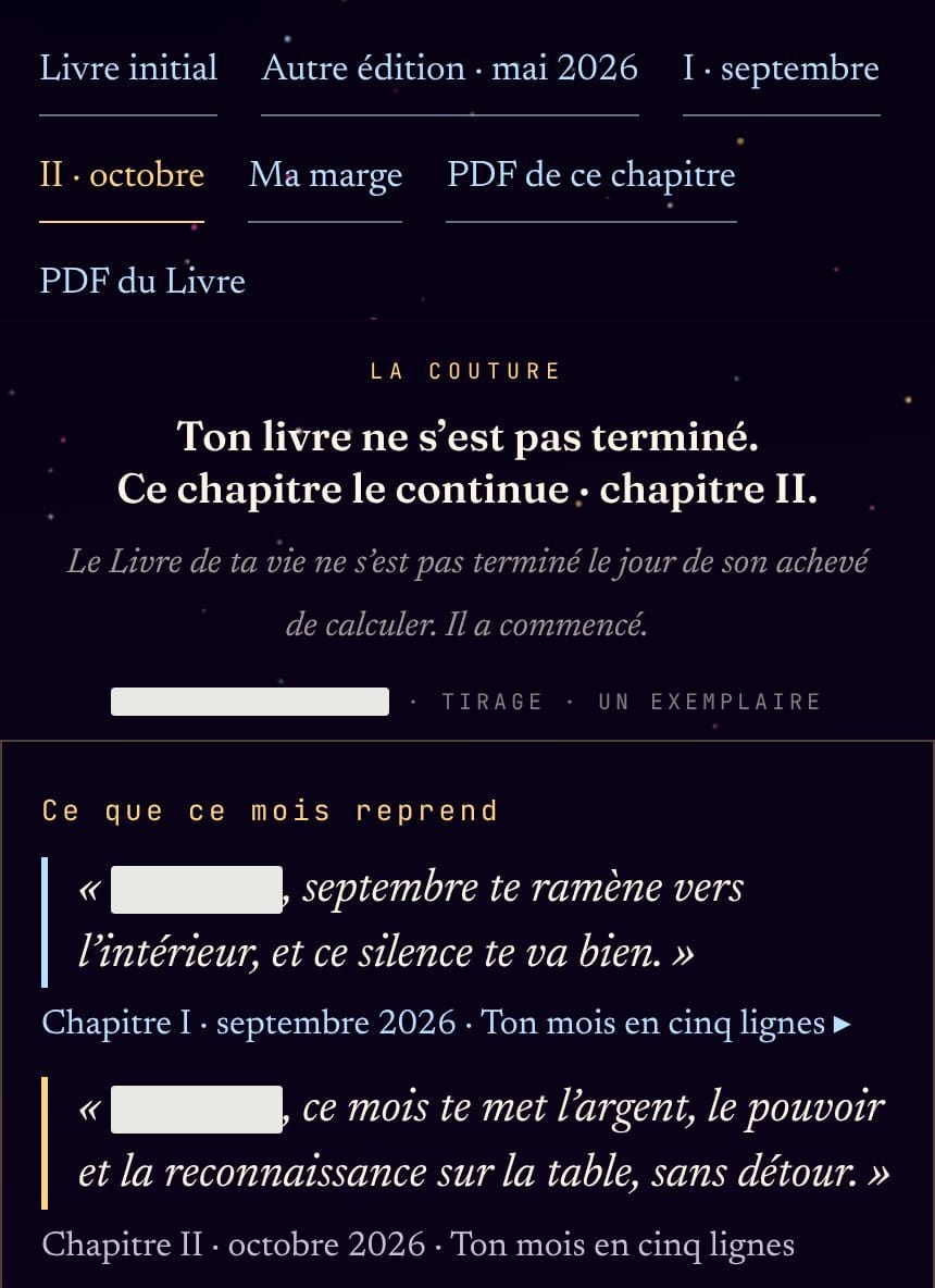 Un chapitre réel du Livre qui continue : la navigation du Livre, puis la couture qui cite le mois d’avant.