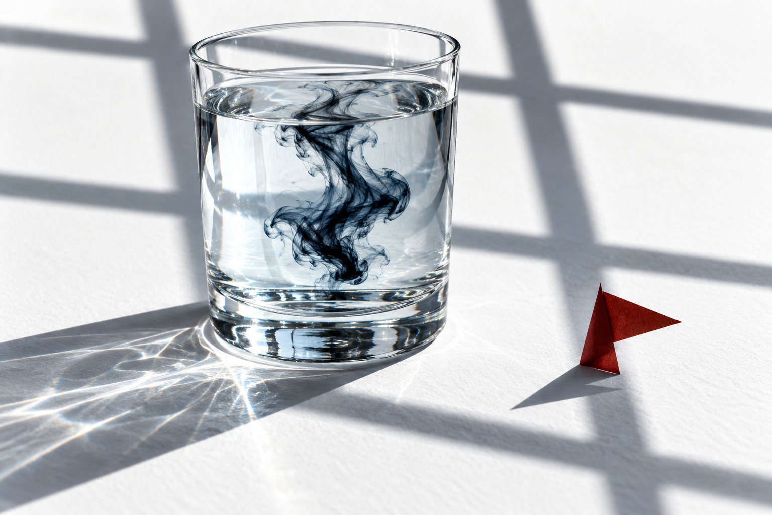 Un verre d’eau sur une surface blanche, traversé par un trait sombre et un signal rouge.