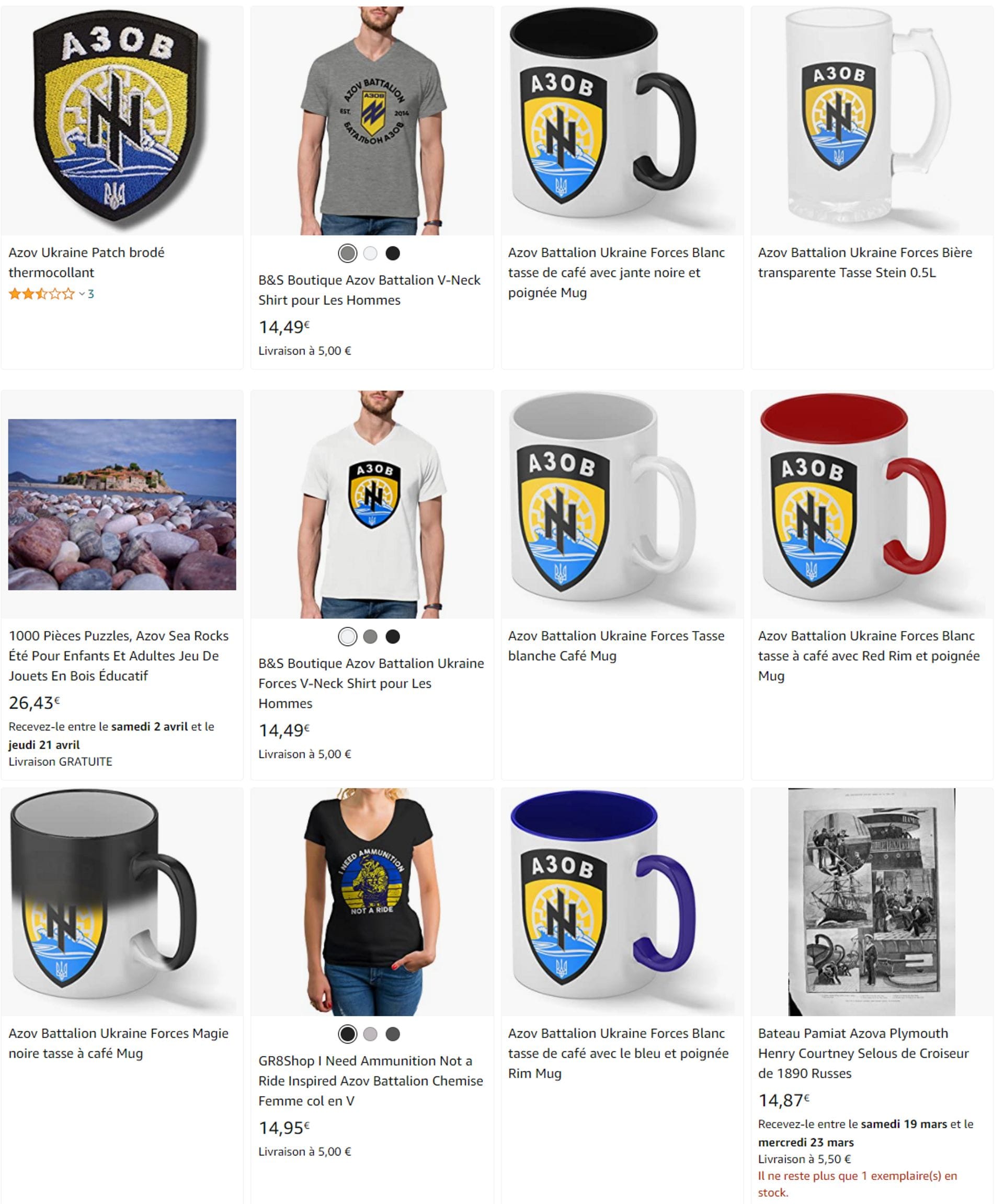 Des produits portant l’emblème du régiment Azov sont disponibles en ligne sur Amazon.