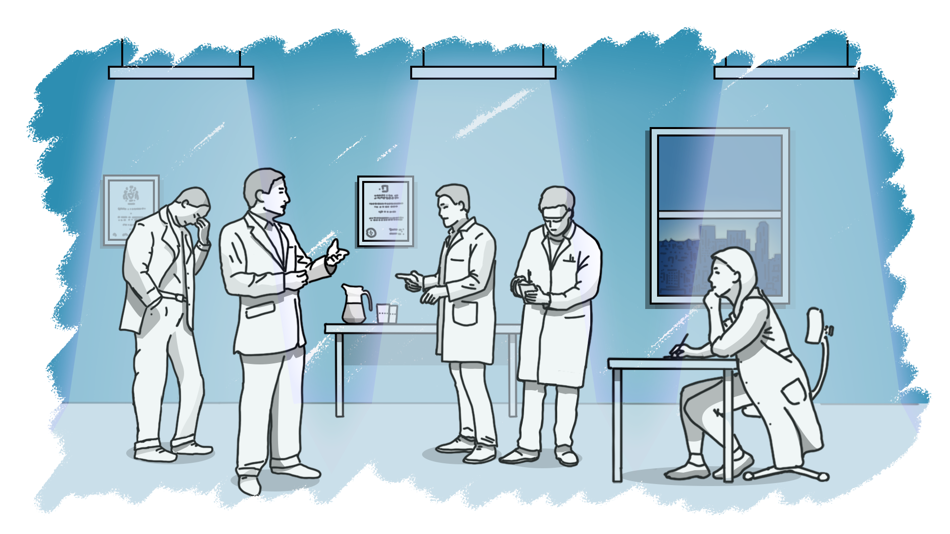 Illustration de cinq agents secrets dans une pièce