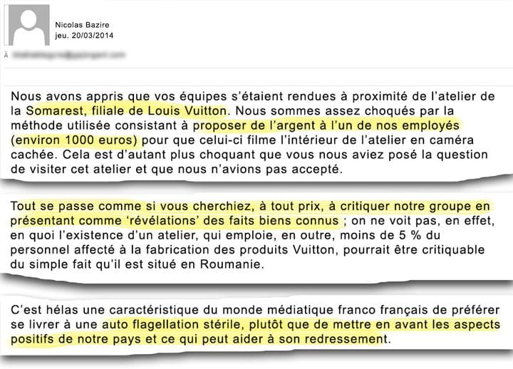 Extraits du mail de Nicolas Bazire envoyé le 20 mars 2014 à Benoît Duquesne. (BENOIT COLLOMBAT - CELLULE INVESTIGATION DE RADIO FRANCE)