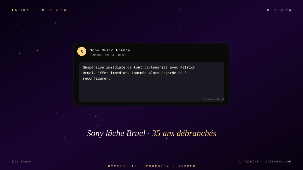 Sony Music suspend tout avec Patrick Bruel · 35 ans de carrière débranchés en une réunion interne