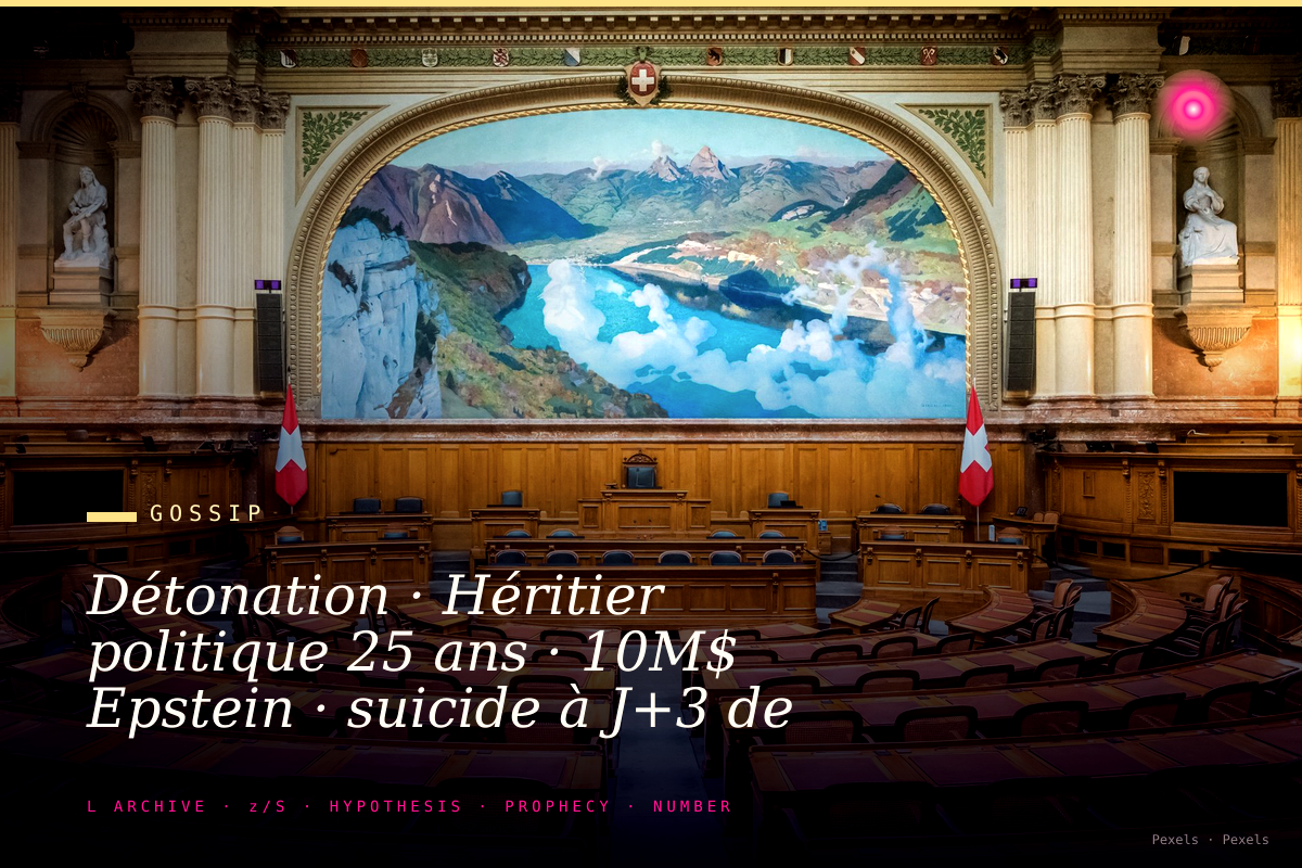 Détonation · Héritier politique 25 ans · 10M$ Epstein · suicide à J+3 de l'enquête sur ses parents