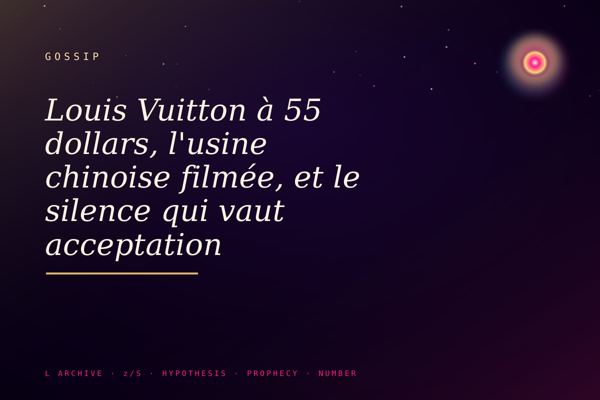 Louis Vuitton à 55 dollars, l'usine chinoise filmée, et le silence qui vaut acceptation