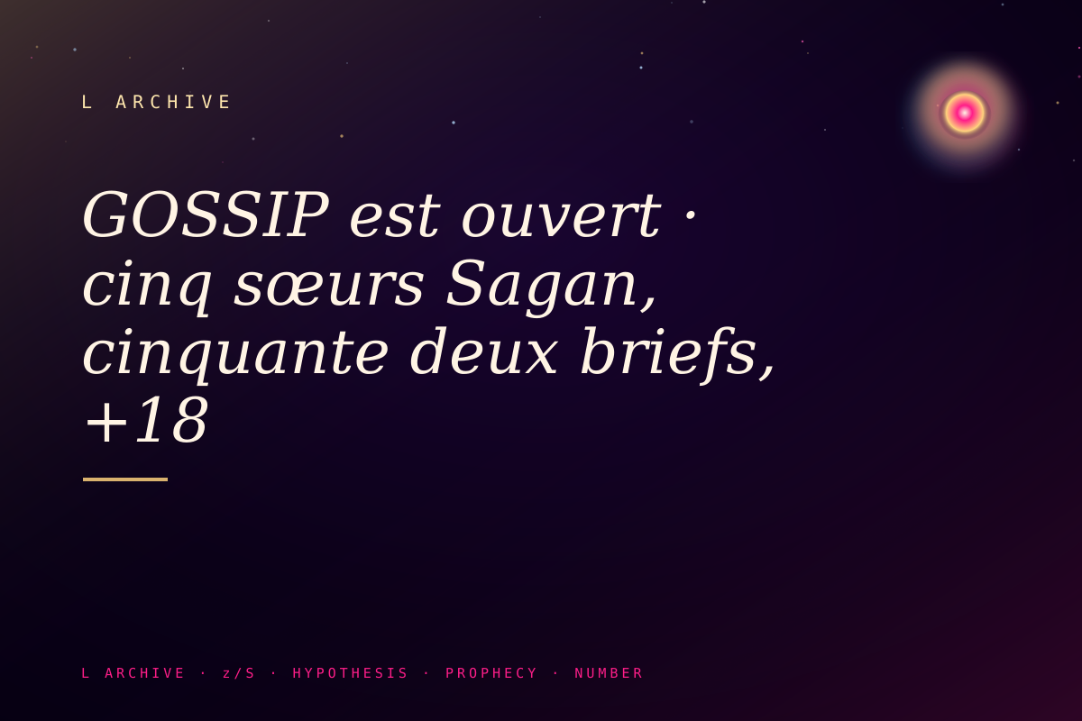 GOSSIP est ouvert · cinq sœurs Sagan, cinquante deux briefs, +18