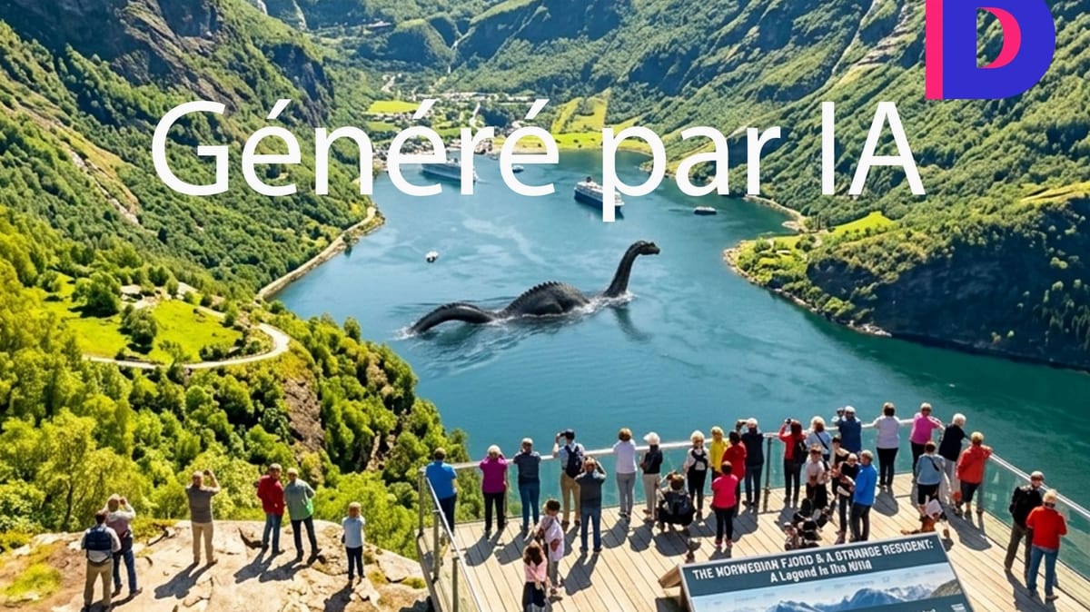 Image de synthèse d’un fjord norvégien avec une créature marine, portant en surimpression la mention Généré par IA