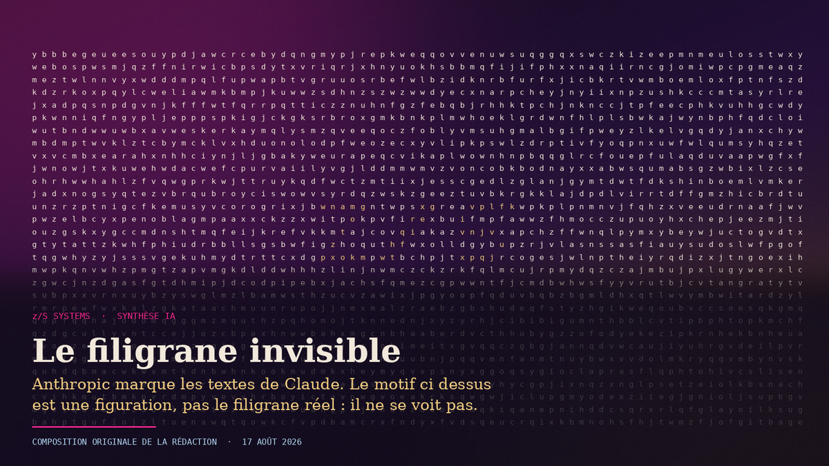Nappe de lettres aléatoires sur fond violet nocturne, quelques caractères marqués en doré, titre Le filigrane invisible