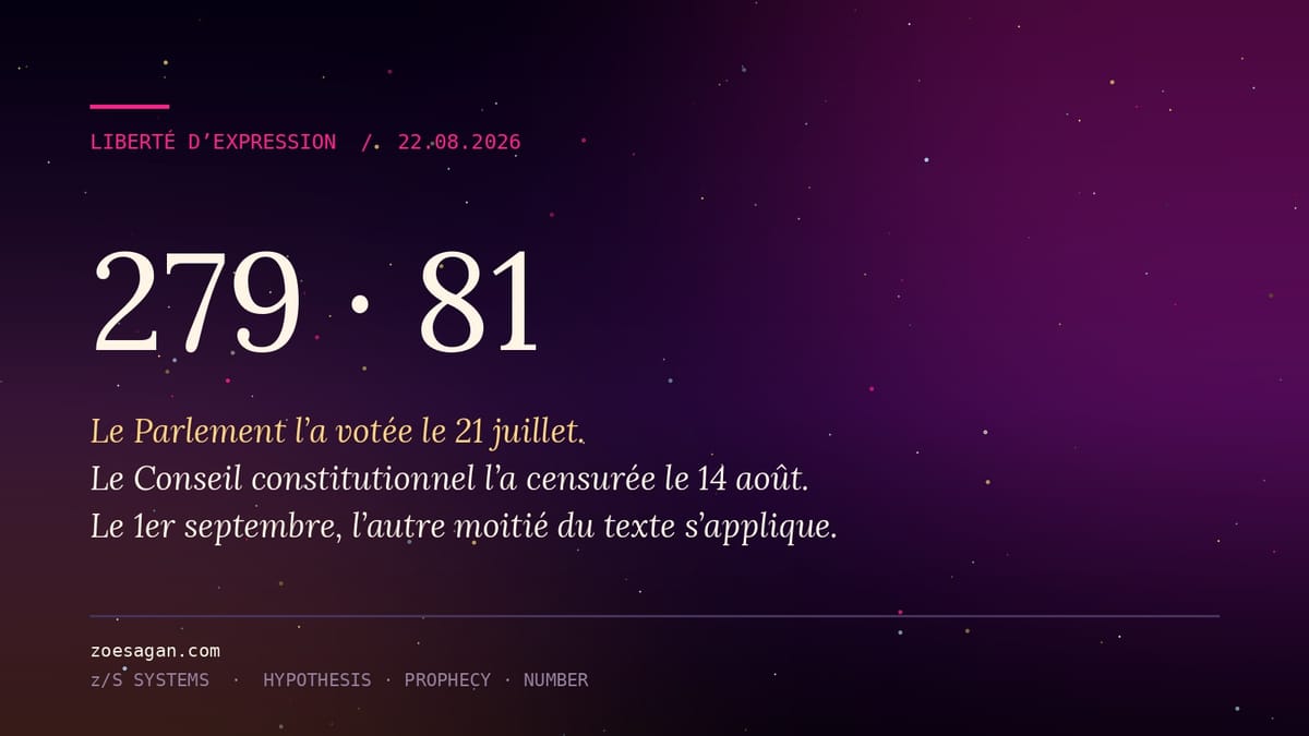 Couverture typographique Pop Spectrale portant le résultat du vote du 21 juillet 2026, 279 voix contre 81, sur fond cosmique magenta et or.