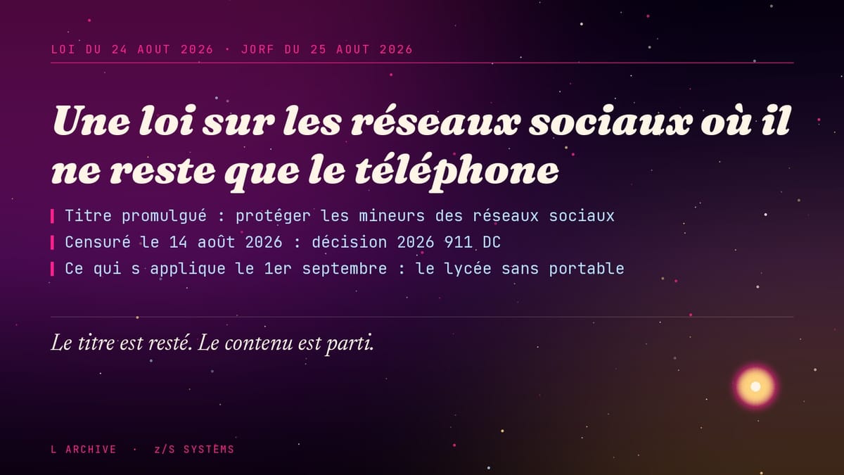 La loi promulguée le 24 août s'appelle protection des mineurs face aux réseaux sociaux. Il n'en reste qu'une confiscation de téléphone