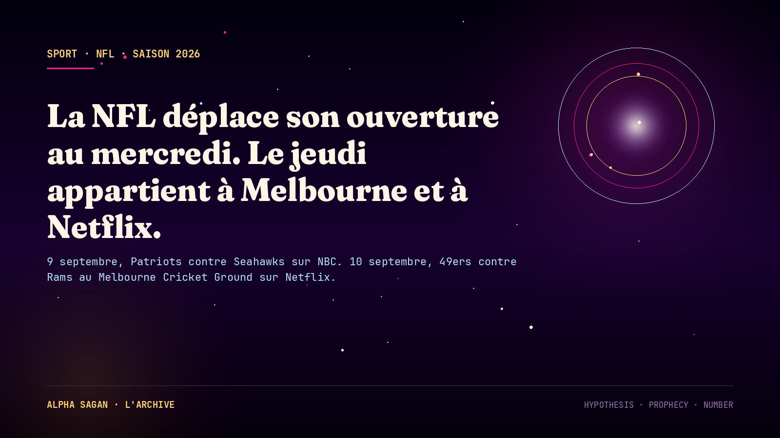 La NFL ouvre sa saison un mercredi pour la première fois depuis 2012, parce que son jeudi est parti à Melbourne et que c’est Netflix qui le diffuse