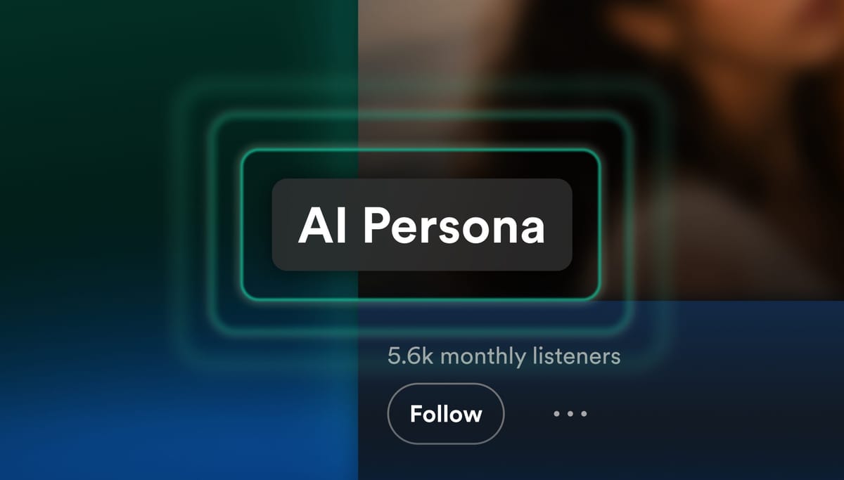 Capture officielle Spotify montrant le badge « AI Persona » posé sur la bannière d’un profil d’artiste, au dessus de la mention 5,6k monthly listeners et du bouton Follow.