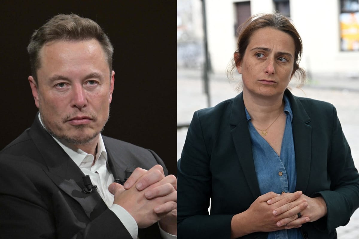 Diptyque : Elon Musk lors d une prise de parole publique, et Marine Tondelier dans la rue, bras croises