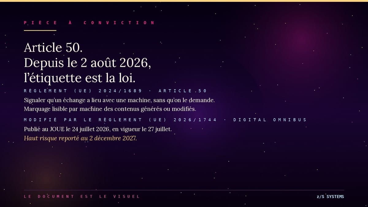 Carte de données Pop Spectrale citant le règlement européen 2024/1689 article 50 et le règlement 2026/1744 dit Digital Omnibus, avec les dates du 2 août 2026 et du 2 décembre 2027.