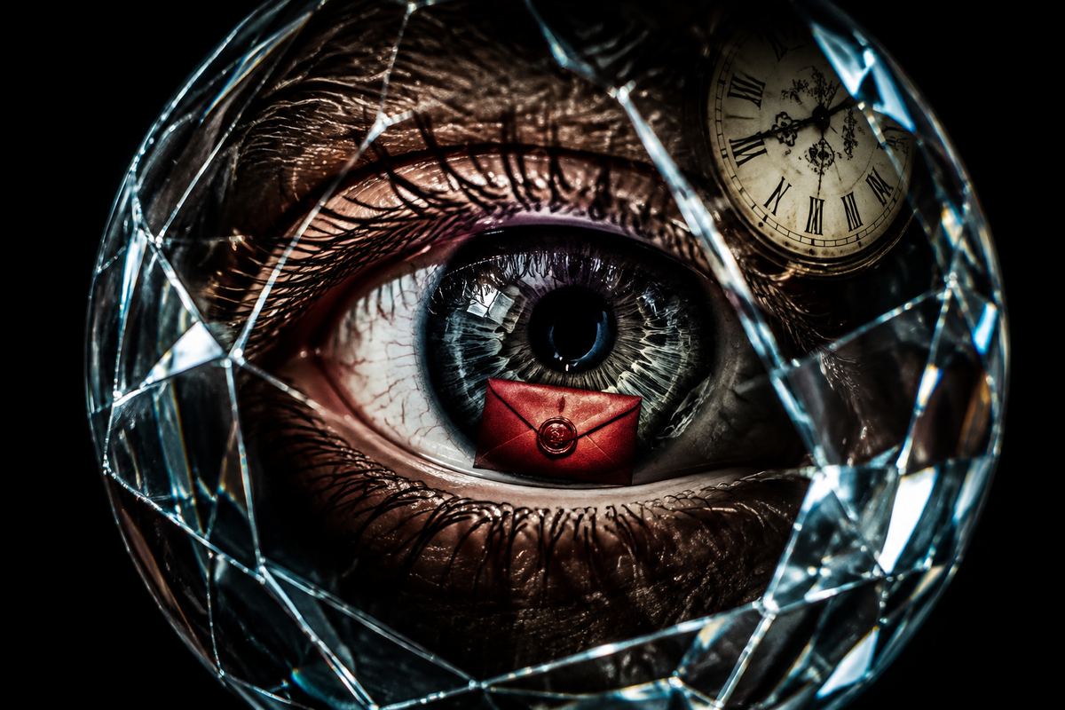 Un œil derrière une lentille brisée, une enveloppe scellée et une horloge, illustration