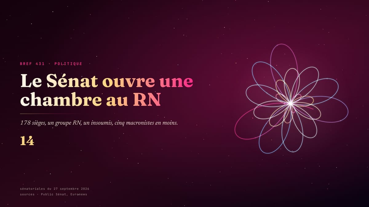 Bref 431 · Sénatoriales : le RN s’offre un groupe, LFI un fauteuil, les macronistes perdent 5 sièges