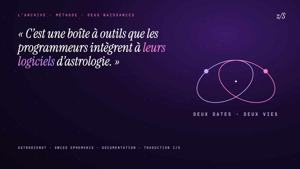 Deux orbites violettes qui se croisent sans se confondre, sous une phrase de la documentation de la Swiss Ephemeris