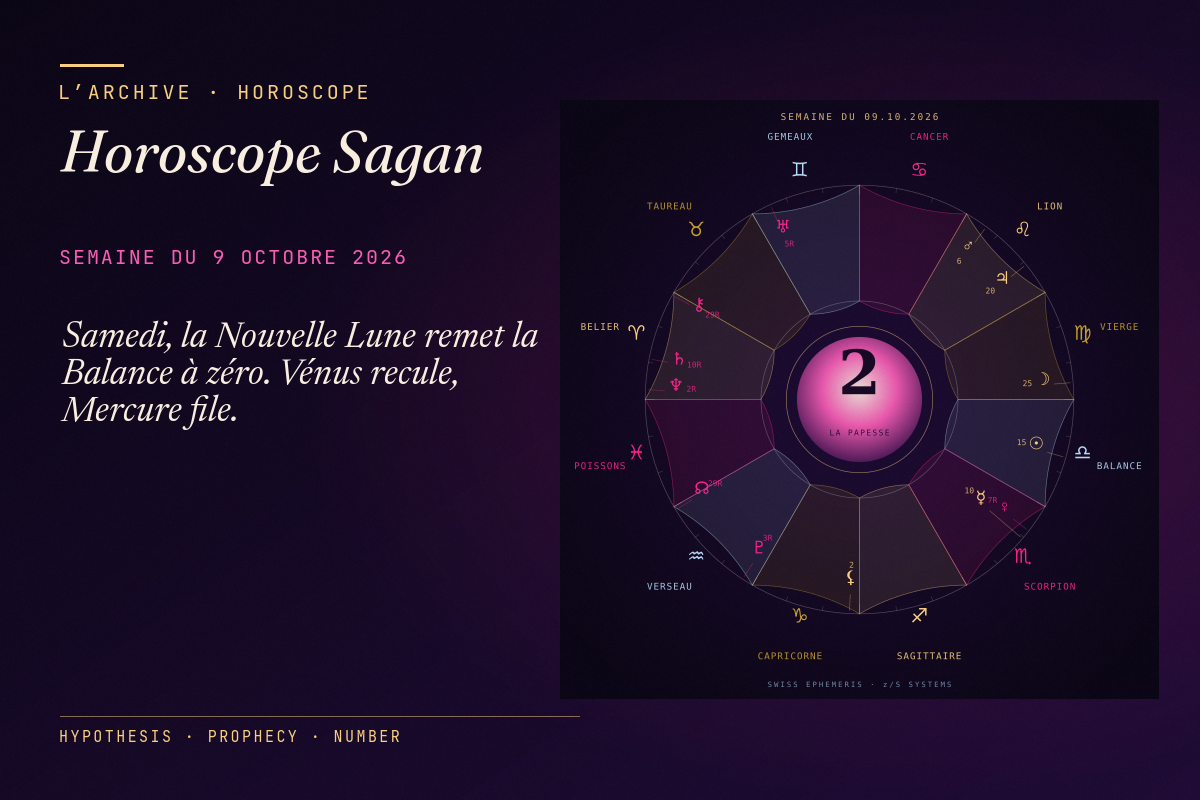 Roue du ciel du 9 octobre 2026 calculée par éphémérides Swiss, nombre 2, la Papesse, avec le titre Horoscope Sagan