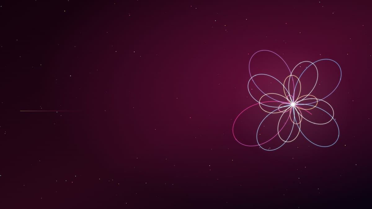 Ciel nocturne rose semé d’étoiles, traversé d’une figure de boucles lumineuses dorées