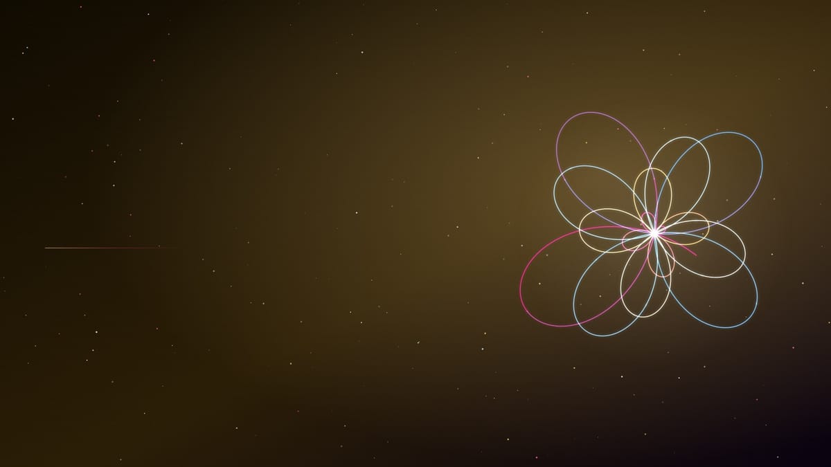 Ciel nocturne doré semé d’étoiles, traversé d’une figure de courbes lumineuses roses