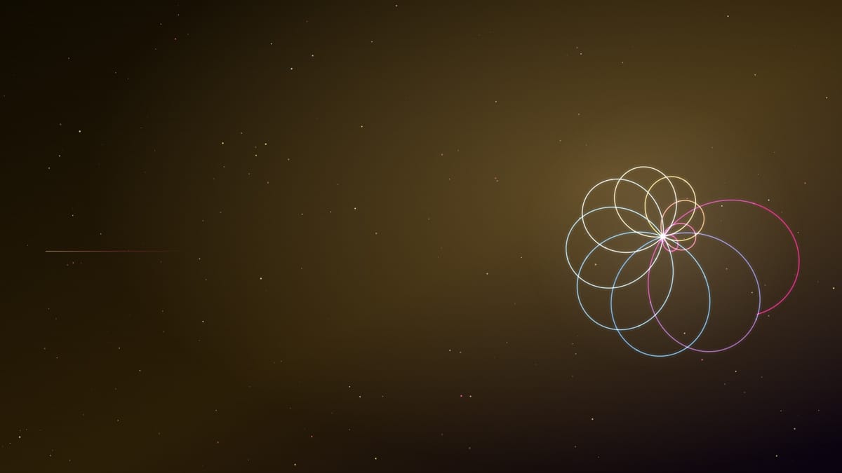 Ciel nocturne doré semé d’étoiles, traversé d’une figure de courbes lumineuses roses et bleues