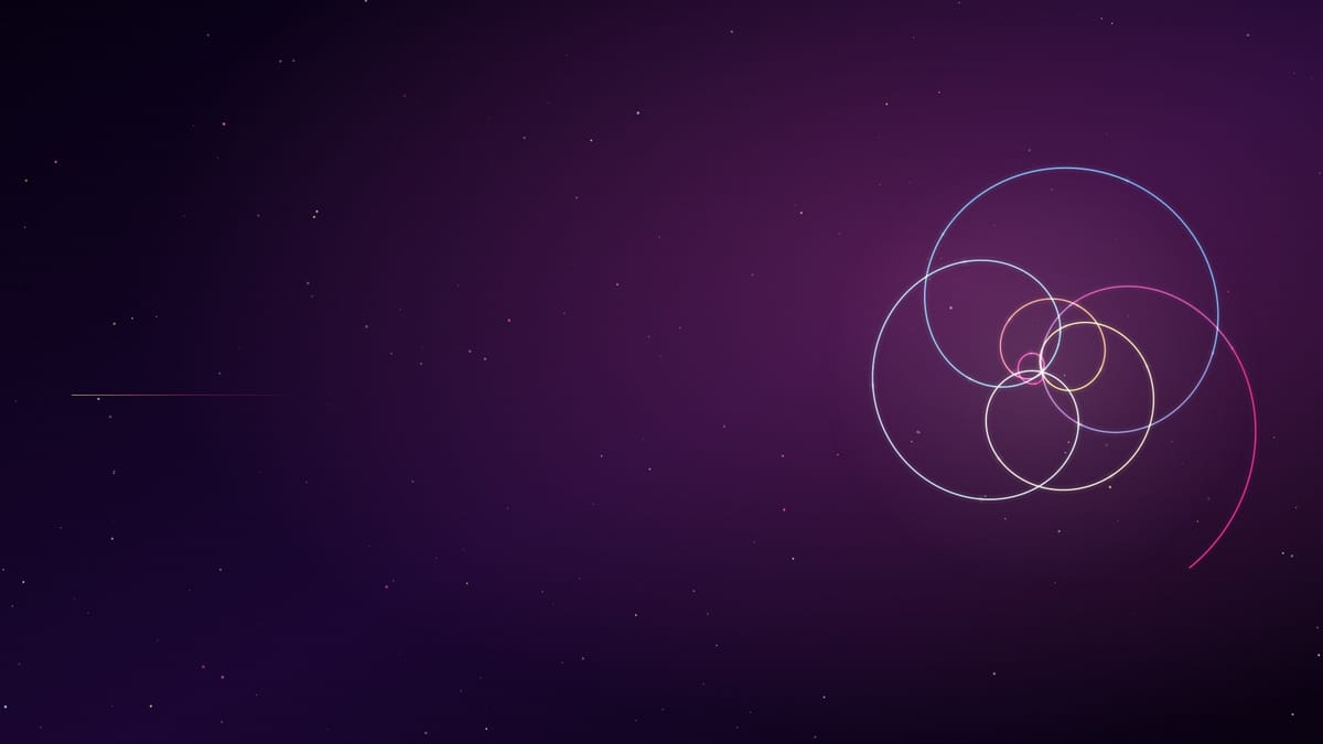 Ciel nocturne violet semé d’étoiles, traversé d’une figure de courbes lumineuses dorées et roses