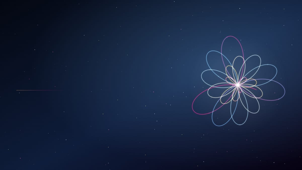 Ciel nocturne bleu givré semé d’étoiles, une figure de boucles lumineuses roses, or et cyan