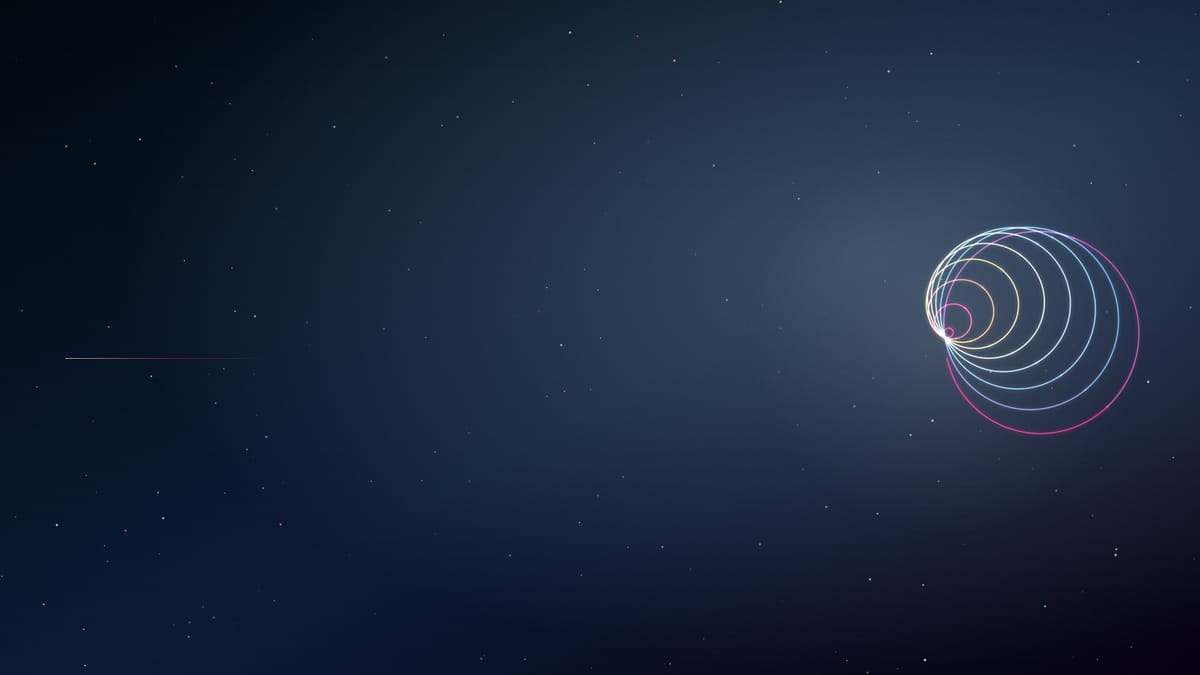 Ciel nocturne bleu cyan semé d’étoiles, traversé d’une figure de courbes lumineuses dorées