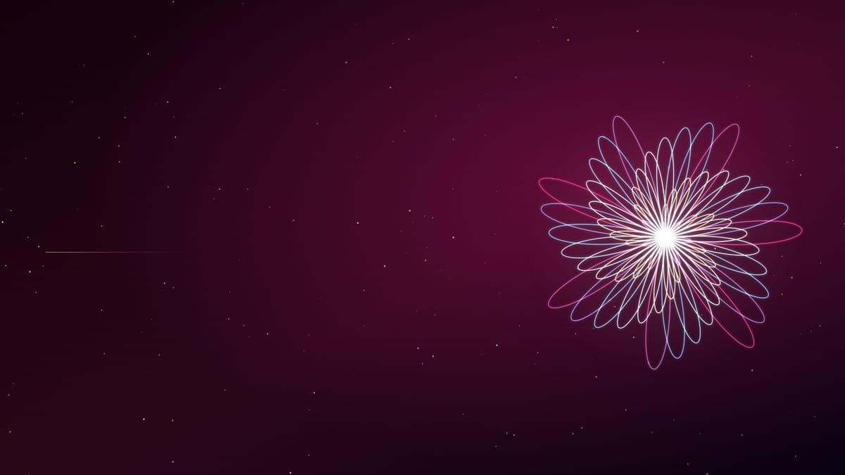 Ciel nocturne rose magenta semé d’étoiles, traversé d’une figure de courbes lumineuses dorées