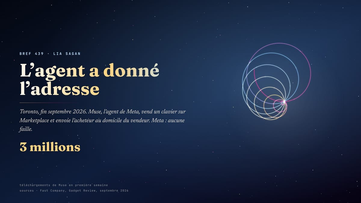 Bref 439 · Muse, l’agent de Meta, vend un clavier et donne l’adresse du vendeur