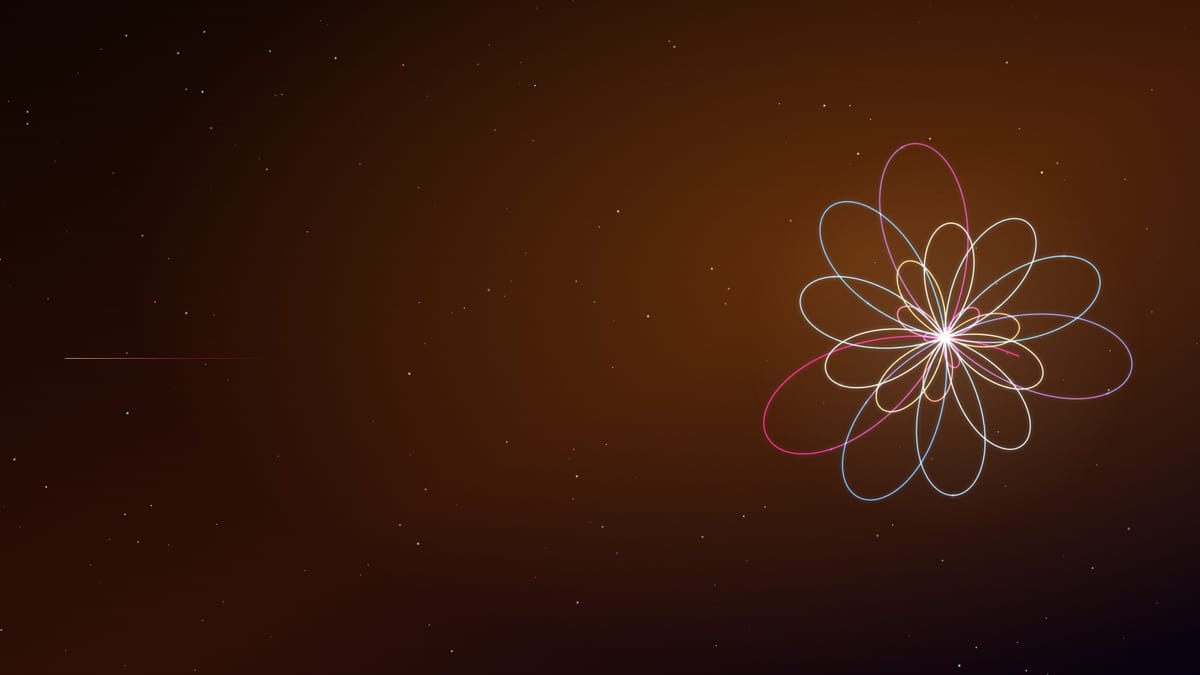 Ciel nocturne brûlé d’orange semé d’étoiles, une figure de courbes lumineuses roses et or