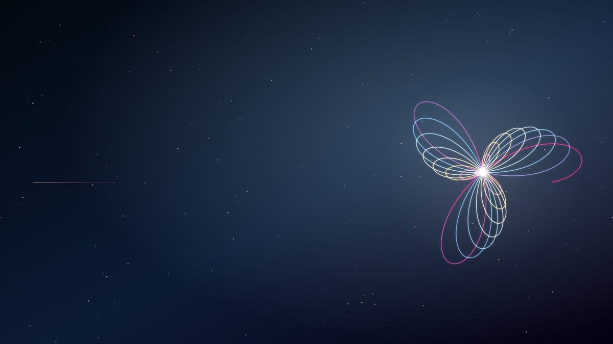 Ciel nocturne cyan semé d’étoiles, une figure de boucles lumineuses roses