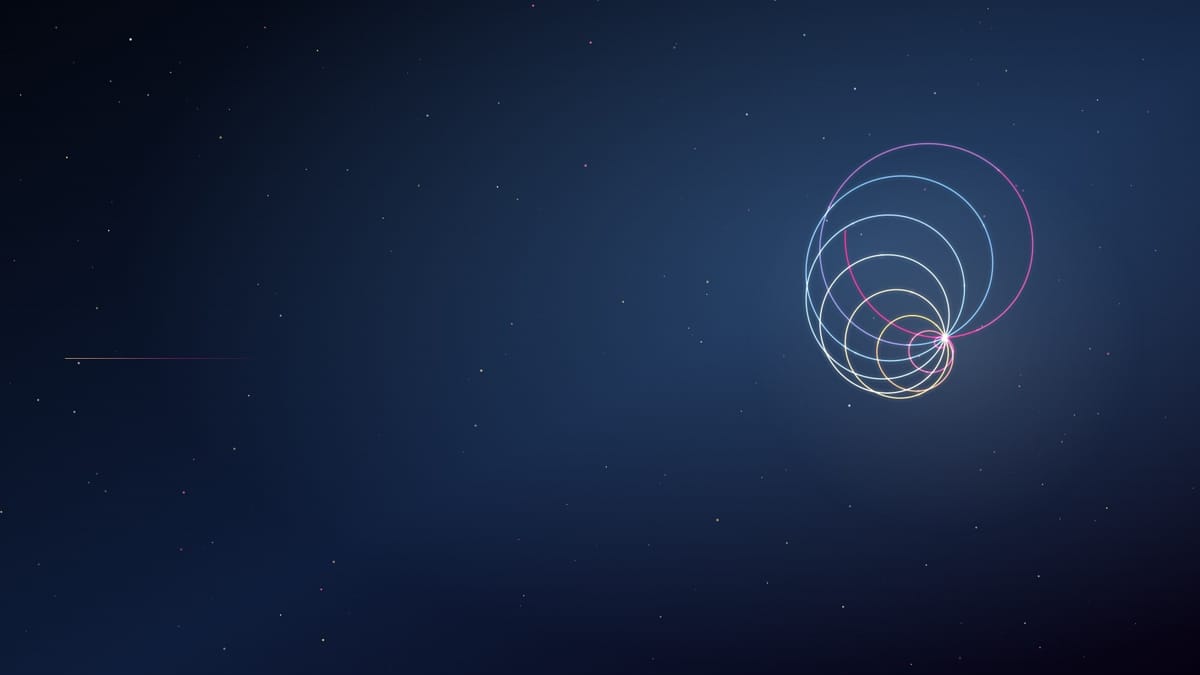 Ciel nocturne givré semé d’étoiles, traversé d’une figure de boucles lumineuses bleu pâle